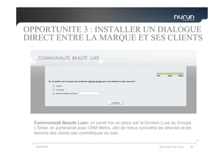 OPPORTUNITE 3 : INSTALLER UN DIALOGUE
DIRECT ENTRE LA MARQUE ET SES CLIENTS




  Communauté Beauté Luxe: un panel mis en place par la Division Luxe du Groupe
  L’Oréal, en partenariat avec CRM Metrix, afin de mieux connaître les attentes et les
  besoins des clients des cosmétiques de luxe.


  05/05/2009                                                         Nurun pour Fast Track   40
 