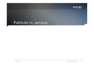 Publicité vs. services




05/05/2009               Nurun pour Fast Track   41
 