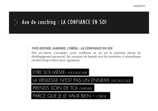 Axe de coaching : LA CONFIANCE EN SOI
YVES ROCHER, GARNIER, L’ORÉAL : LA CONFIANCE EN SOI
Etre soi-même, s’accepter, avoir conﬁance en soi est la première phase du
développement personnel, les marques de beauté sont les premières à revendiquer
cet état d’esprit dans leurs signatures.
ETRE SOI MÊME- YVES ROCHER
LA VIEILLESSE N’EST PAS UN ENNEMI- YVES ROCHER
PRENDS SOIN DE TOI- GARNIER
PARCE QUE JE LE VAUX BIEN – L’ORÉAL
 