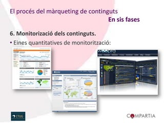 El procés del màrqueting de continguts
                                   En sis fases

6. Monitorizació dels continguts.
• Eines quantitatives de monitorització:
 