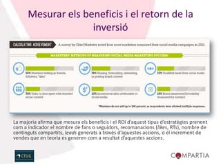 Mesurar els beneficis i el retorn de la
                    inversió




La majoria afirma que mesura els beneficis i el ROI d’aquest tipus d’estratègies prenent
com a indicador el nombre de fans o seguidors, recomanacions (likes, RTs), nombre de
continguts compartits, leads generats a través d’aquestes accions, o el increment de
vendes que en teoria es generen com a resultat d’aquestes accions.
 