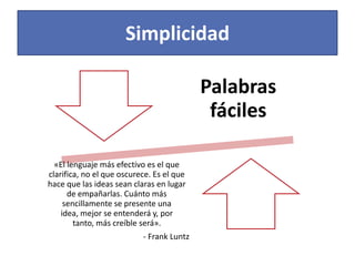 Simplicidad

                                           Palabras
                                            fáciles

  «El lenguaje más efectivo es el que
clarifica, no el que oscurece. Es el que
hace que las ideas sean claras en lugar
      de empañarlas. Cuánto más
     sencillamente se presente una
    idea, mejor se entenderá y, por
        tanto, más creíble será».
                           - Frank Luntz
 