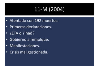 11-M (2004)
•   Atentado con 192 muertos.
•   Primeras declaraciones.
•   ¿ETA o Yihad?
•   Gobierno a remolque.
•   Manifestaciones.
•   Crisis mal gestionada.
 
