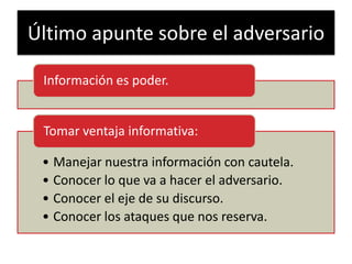 Último apunte sobre el adversario

 Información es poder.


 Tomar ventaja informativa:

 • Manejar nuestra información con cautela.
 • Conocer lo que va a hacer el adversario.
 • Conocer el eje de su discurso.
 • Conocer los ataques que nos reserva.
 