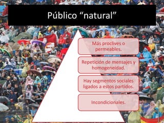 Público “natural”

            Más proclives o
             permeables.

        Repetición de mensajes y
            homogeneidad.

        Hay segmentos sociales
        ligados a estos partidos.


            Incondicionales.
 