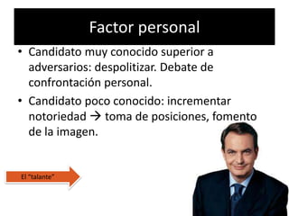 Factor personal
• Candidato muy conocido superior a
  adversarios: despolitizar. Debate de
  confrontación personal.
• Candidato poco conocido: incrementar
  notoriedad  toma de posiciones, fomento
  de la imagen.


El “talante”
 