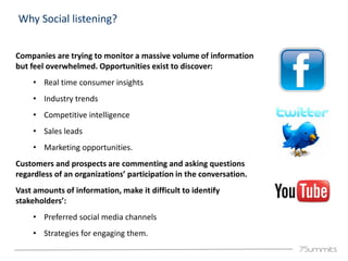 Why Social listening?


Companies are trying to monitor a massive volume of information
but feel overwhelmed. Opportunitie...