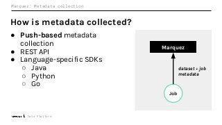 Data Platform
Marquez: Metadata collection
How is metadata collected?
● Push-based metadata
collection
● REST API
● Language-specific SDKs
○ Java
○ Python
○ Go
Marquez
Job
dataset + job
metadata
 