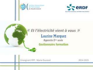 « Et l’électricité vient à vous »
Laurine Marquez
Apprentie 2ème
année
Gestionnaire formation
Enseignant PPP : Marie Ouvrard 2014-2015
 