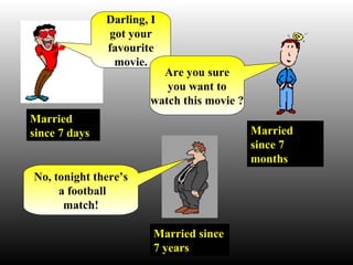 Married since 7 days Darling, I got your favourite movie. Married since 7 months Are you sure you want to watch this movie ? Married since 7 years No, tonight there’s a football match! 