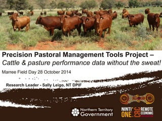 Precision Pastoral Management Tools Project –
Cattle & pasture performance data without the sweat!
Marree Field Day 28 October 2014
Research Leader - Sally Leigo, NT DPIF
 