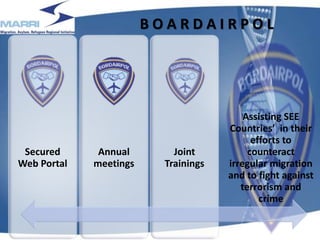 B O A R D A I R P O L
Secured
Web Portal
Annual
meetings
Joint
Trainings
Assisting SEE
Countries’ in their
efforts to
counteract
irregular migration
and to fight against
terrorism and
crime
11
 