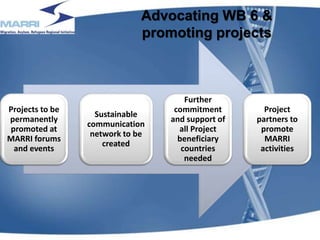 Advocating WB 6 &
promoting projects
Projects to be
permanently
promoted at
MARRI forums
and events
Sustainable
communication
network to be
created
Further
commitment
and support of
all Project
beneficiary
countries
needed
Project
partners to
promote
MARRI
activities
14
 