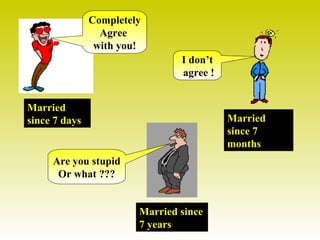 Completely
                 Agree
                with you!
                                I don’t
                                agree !


Married
since 7 days                              Married
                                          since 7
                                          months
     Are you stupid
      Or what ???


                        Married since
                        7 years
 