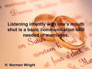 Listening intently with one's mouth shut is a basic communication skill needed in marriages. H. Norman Wright