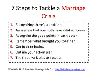7  Steps  to  Tackle  a  Marriage  
Crisis
1.
2.
3.
4.
5.
6.
7.

Recognizing  there’s  a  problem.  
Awareness  that  you  both  have  valid  concerns.  
Recognize  the  good  points  in  each  other.  
Remember  what  brought  you  together.  
Get  back  to  basics.  
Outline  your  action  plan.  
The  three  variables  to  success

Watch  the  FREE  ‘Save  Your  Marriage  Video’  at:    http://MindYourMarriage.com

 