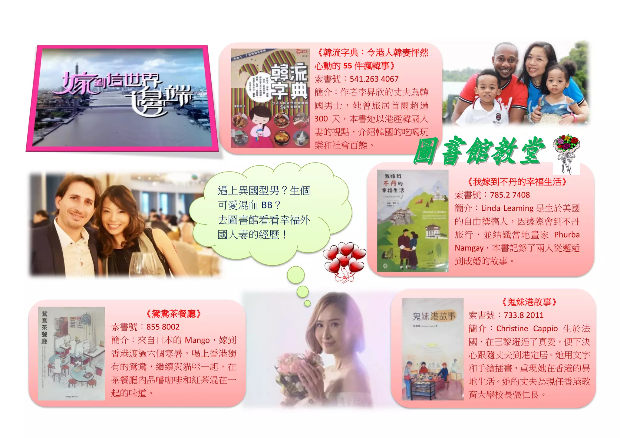 《我嫁到不丹的幸福生活》
索書號：785.2 7408
簡介：Linda Leaming 是生於美國
的自由撰稿人，因緣際會到不丹
旅行，並結識當地畫家 Phurba
Namgay，本書記錄了兩人從邂逅
到成婚的故事。
《鬼妹港故事》
索書號：733.8 2011
簡介：Christine Cappio 生於法
國，在巴黎邂逅了真愛，便下決
心跟隨丈夫到港定居。她用文字
和手繪插畫，重現她在香港的異
地生活。她的丈夫為現任香港教
育大學校長張仁良。
《韓流字典：令港人韓妻怦然
心動的 55 件瘋韓事》
索書號：541.263 4067
簡介：作者李昇欣的丈夫為韓
國男士，她曾旅居首爾超過
300 天，本書她以港產韓國人
妻的視點，介紹韓國的吃喝玩
樂和社會百態。
《鴛鴦茶餐廳》
索書號：855 8002
簡介：來自日本的 Mango，嫁到
香港渡過六個寒暑，喝上香港獨
有的鴛鴦，繼續與貓咪一起，在
茶餐廳內品嚐咖啡和紅茶混在一
起的味道。
遇上異國型男？生個
可愛混血 BB？
去圖書館看看幸福外
國人妻的經歷！
 