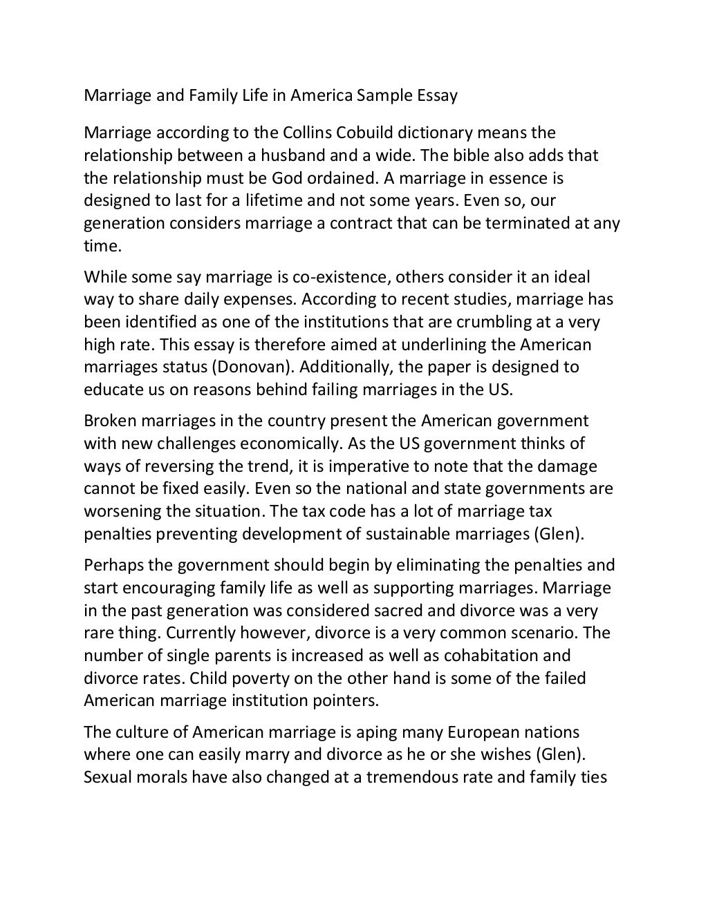 Marriage and family life in america sample essay