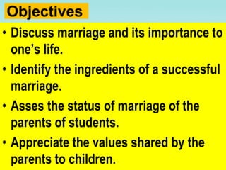 Objectives
• Discuss marriage and its importance to
one’s life.
• Identify the ingredients of a successful
marriage.
• Asses the status of marriage of the
parents of students.
• Appreciate the values shared by the
parents to children.
 