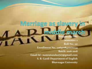 Namrataba Zala
Semester: 1
Roll No.: 20
Enrollment No.: 2069108420170033
Batch: 2016-2018
Email Id : namratazala2707@gmail.com
S. B. Gardi Department of English
Bhavnagar University
 