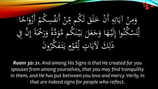 Room 30: 21. And among His Signs is that He created for you
spouses from among yourselves, that you may find tranquility
in them, and He has put between you love and mercy. Verily, in
that are indeed signs for people who reflect.
ْ‫ن‬ِ‫م‬ ‫م‬ُ‫ك‬َ‫ل‬ َ‫ق‬َ‫ل‬َ‫خ‬ ْ‫ن‬َ‫أ‬ ِ‫ه‬ِ‫ات‬َ‫آي‬ ْ‫ن‬ِ‫م‬َ‫و‬‫ا‬ً‫اج‬َ‫و‬ْ‫َز‬‫أ‬ ْ‫م‬ُ‫ك‬ِ‫س‬ُ‫ف‬‫َن‬‫أ‬
ْ‫ي‬َ‫ب‬ َ‫ل‬َ‫ع‬َ‫ج‬َ‫و‬ ‫ا‬َ‫ه‬ْ‫ي‬َ‫ل‬ِ‫إ‬ ‫ا‬‫و‬ُ‫ن‬ُ‫ك‬ْ‫س‬َ‫ت‬ِ‫ل‬َّ‫ن‬ِ‫إ‬ ً‫ة‬َْ‫ْح‬َ‫ر‬َ‫و‬ ً‫ة‬َّ‫د‬َ‫و‬َّ‫م‬ ‫م‬ُ‫ك‬َ‫ن‬ِ‫ِف‬
ُ‫ر‬َّ‫ك‬َ‫ف‬َ‫ت‬َ‫ي‬ ٍ‫م‬ْ‫و‬َ‫ق‬ِ‫ل‬ ٍ‫ات‬َ‫ي‬ َ‫َل‬ َ‫ك‬ِ‫ل‬َ‫ذ‬َ‫ن‬‫و‬
 