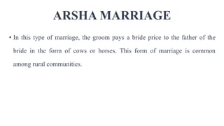 ARSHA MARRIAGE
• In this type of marriage, the groom pays a bride price to the father of the
bride in the form of cows or horses. This form of marriage is common
among rural communities.
 