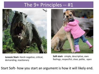 The 9+ Principles -- #1
Start Soft- how you start an argument is how it will likely end.
Jurassic Start- Harsh negative, critical,
demanding, reactionary
Soft start- simple, descriptive, own
feelings, respectful, clear, polite, open
 