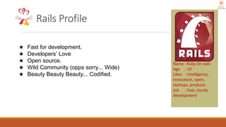 Rails Profile
Name : Ruby On rails
Age : 10
Likes : Intelligence,
innovation, open,
startups, products
Job : Fast, sturdy
...