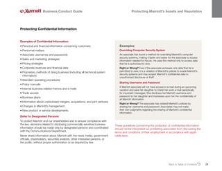 Back to Table of ContentsO 28
Examples of Confidential Information:
• 
Personal and financial information concerning customers
• 
Personnel matters
• 
Associate usernames and passwords
• 
Sales and marketing strategies
• 
Pricing strategies
• 
Corporate revenues and financial data
• 
Proprietary methods of doing business (including all technical system
information)
• 
Standard operating procedures
• 
Policy manuals
• 
Internal business-related memos and e-mails
• 
Trade secrets
• 
Business plans
• 
Information about undisclosed mergers, acquisitions, and joint ventures
• 
Changes in Marriott’s management
• 
New product or service developments
Defer to Designated Persons
To protect Marriott and our shareholders and to ensure compliance with
the law, decisions related to disclosing commercially sensitive business
information should be made only by designated persons and coordinated
with the Communications Department.
Never share information about Marriott with the news media, government
officials, shareholders, securities analysts, other interested persons, or
the public, without proper authorization or as required by law.
Protecting Confidential Information
Business Conduct Guide Protecting Marriott’s Assets and Reputation
Examples
Overriding Computer Security System
An associate has found a method for overriding Marriott’s computer
security systems, making it faster and easier for the associate to access
information needed for his job. He uses this method only to access data
that he is authorized to view.
Right or Wrong? Even if the associate accesses only data that he is
permitted to view, it is a violation of Marriott’s polices to evade Marriott’s
security systems and may subject Marriott’s confidential data to
unauthorized disclosure or theft.
Sharing Username and Password
A Marriott associate will not have access to e-mail during an upcoming
vacation and asks her daughter to check her work e-mail periodically
for important messages. She discloses her Marriott username and
password to her daughter and impresses upon her the confidentially of
all Marriott information.
Right or Wrong? The associate has violated Marriott’s policies by
sharing her username and password. Associates may not make
their own judgments regarding the sharing of Marriott’s confidential
information.
These guidelines concerning the protection of confidential information
should not be interpreted as prohibiting associates from discussing the
terms and conditions of their employment in accordance with appli-
cable laws.
 