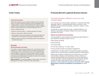 Back to Table of ContentsO 30
Insider Trading
Business Conduct Guide Protecting Marriott’s Assets and Reputation
The public perception of Marriott is one of our most
important assets.
You must avoid any communication, disclosure, or interaction that might
disparage, defame, or damage Marriott’s brands, services or other
legitimate business interests, associates, customers, vendors, or other
business partners.
In particular, any public statement made on behalf of Marriott or our
divisions must present a consistent viewpoint and must not divulge
proprietary information.
Official and Unofficial Communications
This duty applies to communications and disclosures about Marriott in
both official and unofficial contexts, such as:
• With friends and family
• Via the Internet
• On social media
• In the news media (e.g., TV, radio, online)
• 
During outside activities and speaking engagements
In all situations, consider whether the personal thoughts you express
publicly may be misunderstood as expressing Marriott’s official position.
Marriott has no desire to interfere with your private lives or your after-
work activities, including social networking. However, where such
activities adversely affect your job performance, the job performance
of other associates or Marriott’s legitimate business interests, Marriott
reserves the right to take whatever action is appropriate, at our
discretion, to protect Marriott’s reputation and interests. Refer to Social
Media Rules of Conduct  Guidelines For Associates for further
details.
Example
Sharing Nonpublic Information
The mother of a Marriott associate tells her son, who interacts with the
managers of a certain company, that she is considering buying stock
in that company. The son has learned, in the course of performing his
duties for Marriott, that there are nonpublic plans to sell the company
to an international conglomerate, and he tells his mother he thinks her
purchase is a good idea because he believes the value of the company’s
stock will rise as a result of the merger.
Right or Wrong? The associate engaged in insider trading. His conduct
was illegal and a violation of Marriott’s insider trading policy.
Restricted Associates
Restricted associates, who are notified by Marriott of their restricted
status, may trade in Marriott securities only during designated open
“trading windows.” During a closed trading window, there is a list of
activities that are restricted for these associates, as detailed in MIP-11.
During a closed trading window, restricted associates may not:
• Buy or sell Marriott stock
• 
Execute a same-day sale (i.e., cashless exercise) of an option
• 
Make any other trade in Marriott securities
• 
Change Marriott Stock Fund allocations under Marriott’s Retirement
Savings Plan or other Marriott stock-based compensation plans
• 
Make an election of payroll-tax withholding method under Marriott’s
executive stock plans
Protecting Marriott’s Legitimate Business Interests
 