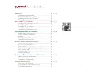 Introduction................................................................................................... 2 jump Ò
		 Expectations and Responsibilities......................................................... 2
		 Responsibilities of Marriott’s Leadership............................................... 3
		 Confidential Reporting and No Retaliation............................................ 4
		 Where to Go for Help............................................................................ 5
Acting with Honesty and Integrity.............................................................. 7 jump Ò
		 Accurate Books, Records, and Reports................................................ 8
		 Dealing Fairly with Customers............................................................. 10
		 Competition Law and Antitrust.............................................................11
		 Dealing Fairly with Competitors........................................................... 13
		 Commercial Bribery and Improper Gifts............................................. 14
Interacting Honestly with the Government............................................. 17 jump Ò
		 Bribery, Illegal Gratuities, and Gifts..................................................... 18
		 Political Contributions and Activities.................................................... 21
		 Lobbying....................................................................................... 22
		 Providing Information to the Government............................................ 23
		 Trade Restrictions and Boycotts......................................................... 23
Protecting Marriott’s Assets and Reputation......................................... 25 jump Ò
		 Proper Use of Marriott’s Assets........................................................... 26
		 Protecting Confidential Information...................................................... 27
		 Insider Trading.................................................................................... 29
		 Protecting Marriott’s Legitimate Business Interests............................. 30
		 Use of Associate Time........................................................................ 31
		 Conflicts of Interest............................................................................. 32
		 Corporate Opportunities..................................................................... 33
Protecting and Respecting Customers and Associates....................... 35 jump Ò
		 Fair and Harassment-Free Workplace................................................. 36
		 Health, Safety, and Security................................................................ 37
		 Customer and Associate Privacy........................................................ 37
Promoting the Greater Good..................................................................... 39 jump Ò
		 Giving Back to the Community............................................................ 40
		 Supporting Human Rights and Human Dignity
..................................... 40
		 Environmental Responsibility................................................................41
1
Business Conduct Guide
 