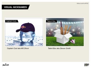#MarriottForRPSG
VISUAL NICKNAMES
Captain Cool aka MS Dhoni Talent Box aka Steven Smith
 