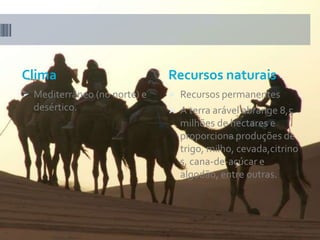 Clima                         Recursos naturais
 Mediterrâneo (no norte) e    Recursos permanentes
  desértico.                   A terra arável abrange 8,5
                                milhões de hectares e
                                proporciona produções de
                                trigo, milho, cevada,citrino
                                s, cana-de-açúcar e
                                algodão, entre outras.
 
