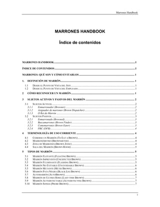 Marrones Handbook




                                             MARRONES HANDBOOK

                                                   Índice de contenidos



MARRONES HANDBOOK........................................................................................................................... I

ÍNDICE DE CONTENIDOS .......................................................................................................................... I

MARRONES: QUÉ SON Y CÓMO EVITARLOS .................................................................................... 1

1.      DEFINICIÓN DE MARRÓN................................................................................................................ 1
     1.1       DESDE EL PUNTO DE VISTA DEL JEFE .................................................................................................1
     1.2       DESDE EL PUNTO DE VISTA DEL EMPLEADO.......................................................................................1
2       CÓMO RECONOCER UN MARRÓN ................................................................................................ 1

3       SUJETOS ACTIVOS Y PASIVOS DEL MARRÓN .......................................................................... 2
     3.1    SUJETOS ACTIVOS ..............................................................................................................................2
       3.1.1    Enmarronador (Browner) .........................................................................................................2
       3.1.2    Asignador de marrones (Brown Dispatcher) ............................................................................2
       3.1.3    O Rei do Marrón .......................................................................................................................2
     3.2    SUJETOS PASIVOS ...............................................................................................................................3
       3.2.1    Enmarronado (Browned)...........................................................................................................3
       3.2.2    Buscamarrones (Brown Finder)................................................................................................3
       3.2.3    Comemarrones (Brown Eater) ..................................................................................................3
       3.2.4    PBC (DFB) ................................................................................................................................4
4       TERMINOLOGÍA DE USO CORRIENTE ........................................................................................ 4
     4.1       COMERSE UN MARRÓN (TO EAT A BROWN).......................................................................................4
     4.2       MARRONÓMETRO (BROWNMETER) ....................................................................................................4
     4.3       ZONA DE MARRONES (BROWN ZONE) ................................................................................................4
     4.4       SALA DEL MARRÓN (BROWN ROOM) .................................................................................................5
5       TIPOS DE MARRÓN ............................................................................................................................ 5
     5.1       MARRÓN FLOTANTE (FLOATING BROWN)..........................................................................................5
     5.2       MARRÓN IMPREVISTO (UNEXPECTED BROWN) ..................................................................................5
     5.3       MARRÓN FULMINANTE (FLASHING BROWN)......................................................................................5
     5.4       MARRÓN NO EVITABLE (UNAVOIDABLE BROWN) .............................................................................6
     5.5       MARRÓN MUTANTE (MUTIE BROWN) ................................................................................................6
     5.6       MARRÓN PATA NEGRA (BLACK LEG BROWN) ...................................................................................6
     5.7       AUTOMARRÓN (AUTOBROWN) ..........................................................................................................6
     5.8       MARRÓN DE ULTIMA HORA (LAST-TIME BROWN) .............................................................................7
     5.9       MARRÓN AUTODETECTABLE (AUTODETECTING BROWN) ..................................................................7
     5.10      MARRÓN SONDA (PROBE BROWN).....................................................................................................7



                                                                                                                                                               i
 
