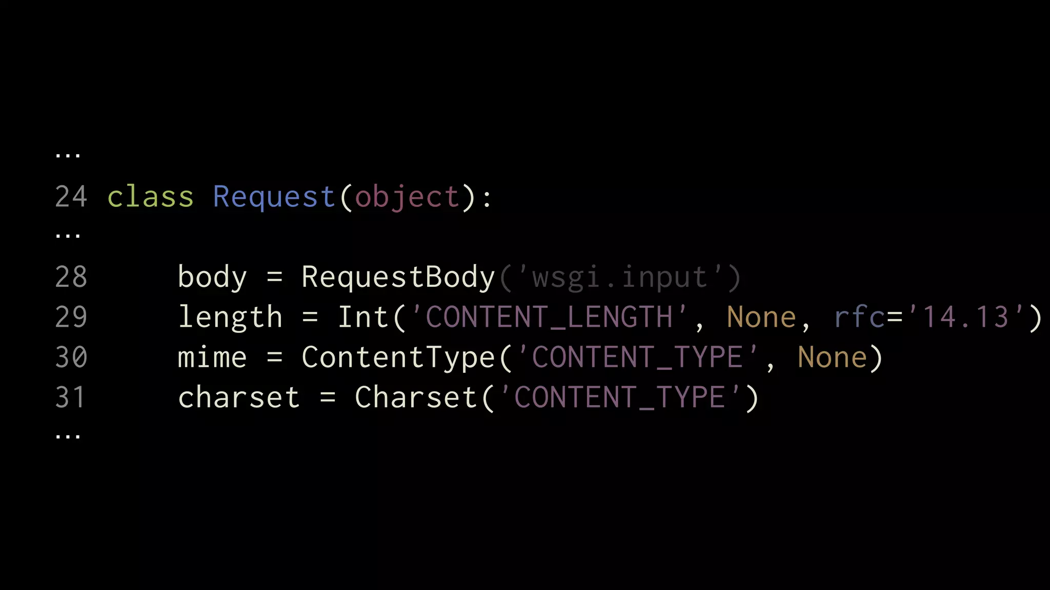 24 class Request(object):

28     body = RequestBody('wsgi.input')
29     length = Int('CONTENT_LENGTH', None, rfc='14.13')
30     mime = ContentType('CONTENT_TYPE', None)
31     charset = Charset('CONTENT_TYPE')
 