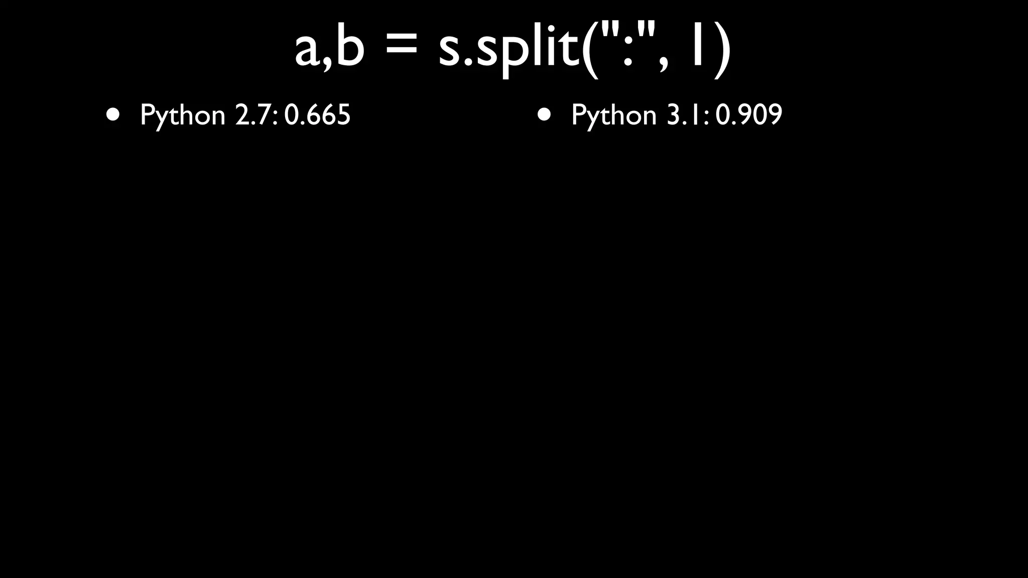 a,b = s.split(":", 1)
•   Python 2.7: 0.665      •   Python 3.1: 0.909
 