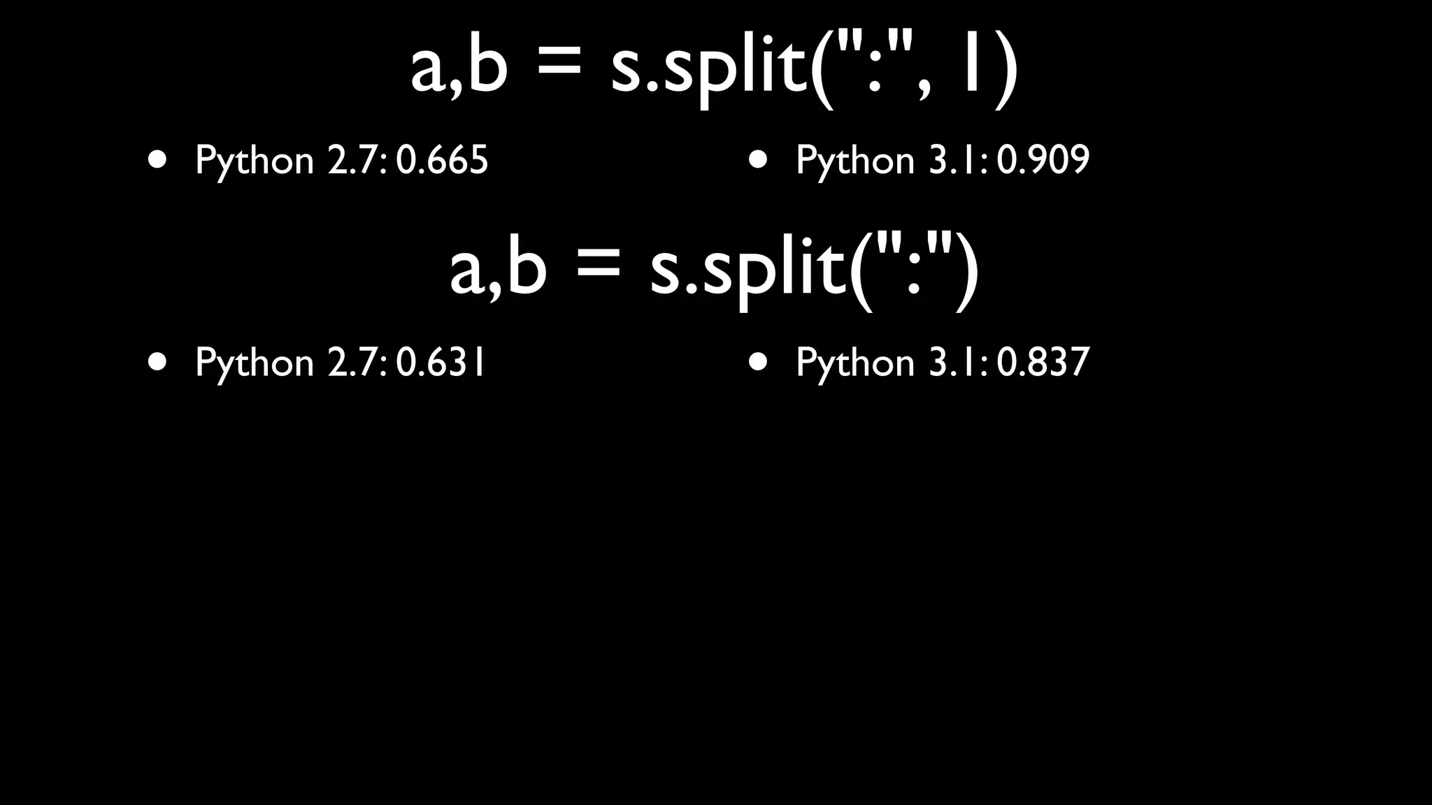 a,b = s.split(":", 1)
•   Python 2.7: 0.665      •   Python 3.1: 0.909

                  a,b = s.split(":")
•   Python 2.7: 0.631      •   Python 3.1: 0.837
 