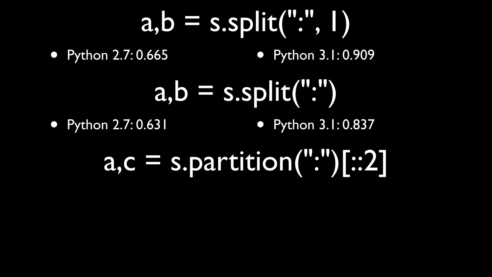 a,b = s.split(":", 1)
•   Python 2.7: 0.665      •   Python 3.1: 0.909

                  a,b = s.split(":")
•   Python 2.7: 0.631      •   Python 3.1: 0.837

          a,c = s.partition(":")[::2]
 