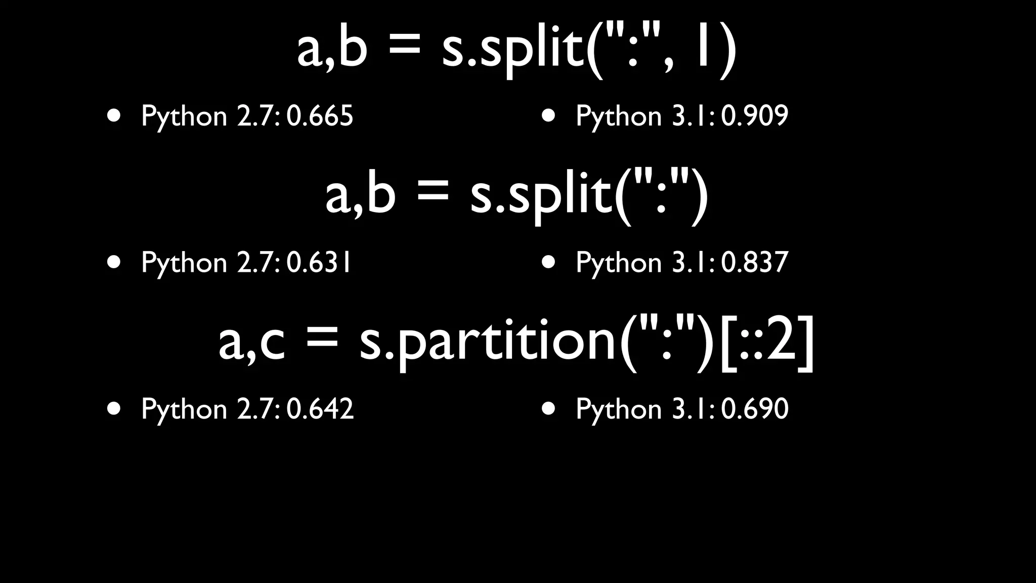 a,b = s.split(":", 1)
•   Python 2.7: 0.665      •   Python 3.1: 0.909

                  a,b = s.split(":")
•   Python 2.7: 0.631      •   Python 3.1: 0.837

          a,c = s.partition(":")[::2]
•   Python 2.7: 0.642      •   Python 3.1: 0.690
 