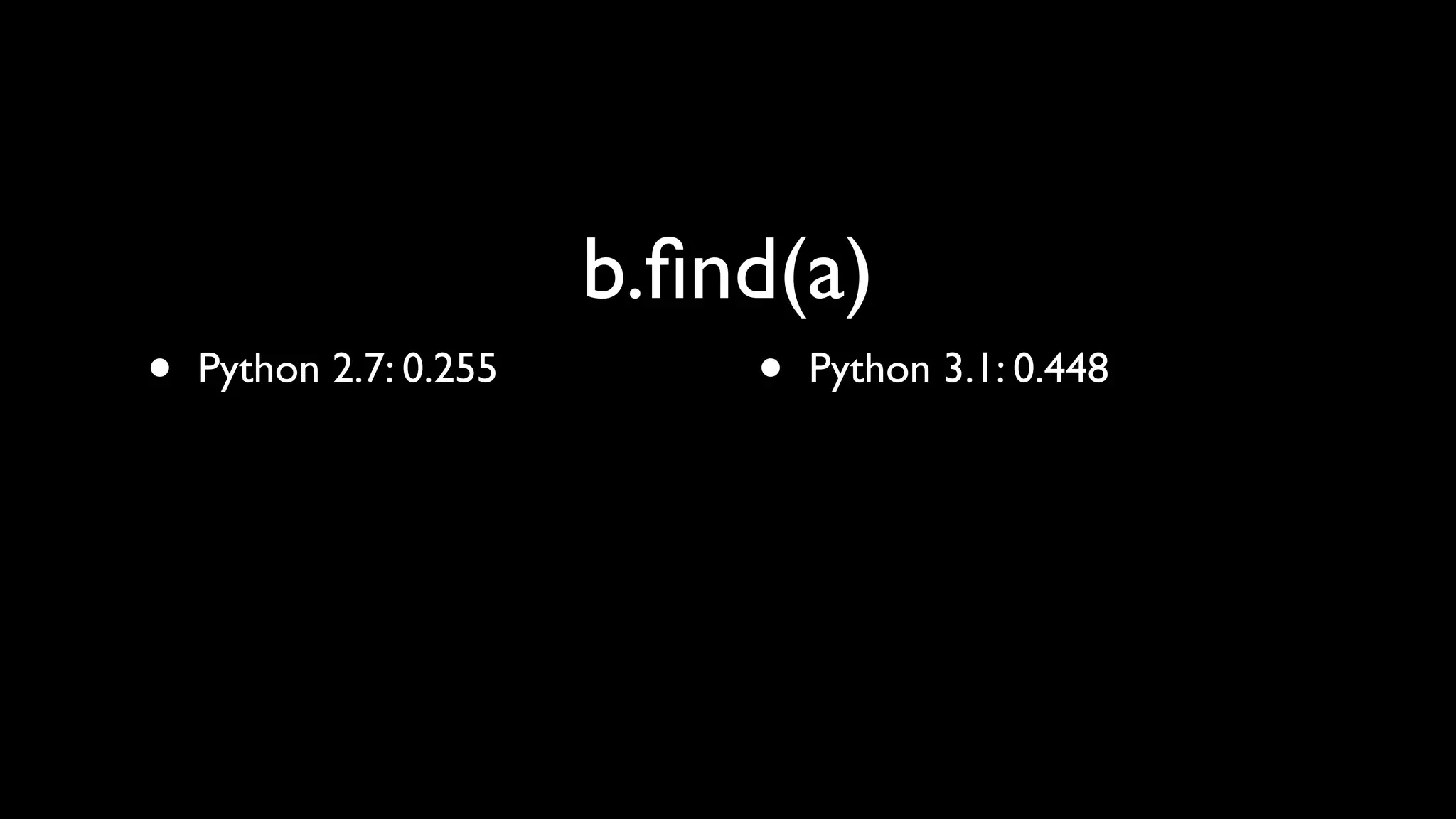 b.ﬁnd(a)
•   Python 2.7: 0.255       •   Python 3.1: 0.448
 