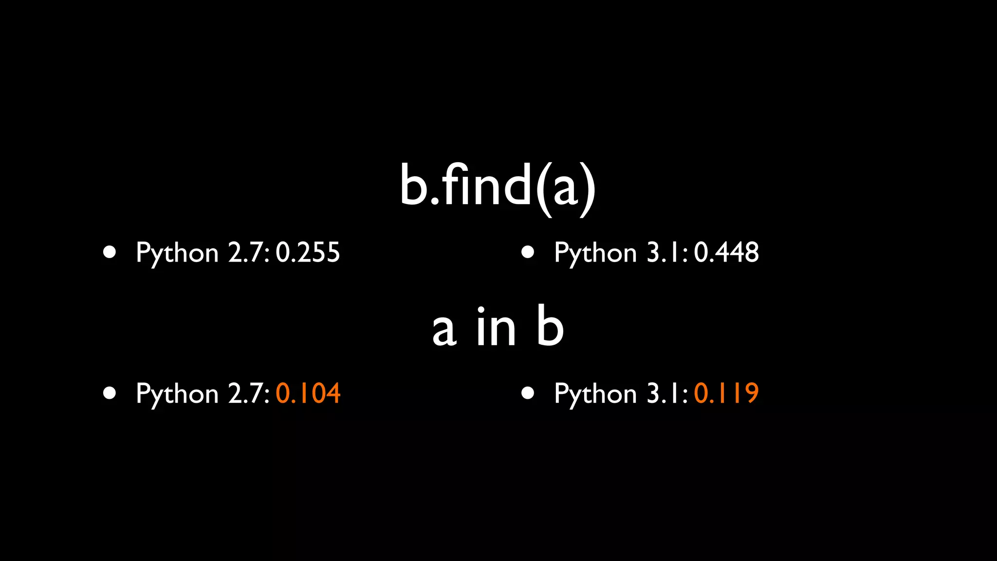 b.ﬁnd(a)
•   Python 2.7: 0.255       •   Python 3.1: 0.448

                         a in b
•   Python 2.7: 0.104       •   Python 3.1: 0.119
 