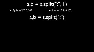 a,b = s.split(":", 1)
•   Python 2.7: 0.665      •   Python 3.1: 0.909

                  a,b = s.split(":")
 