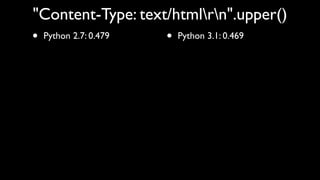 "Content-Type: text/htmlrn".upper()
• Python 2.7: 0.479 • Python 3.1: 0.469
 