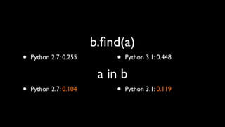 b.ﬁnd(a)
•   Python 2.7: 0.255       •   Python 3.1: 0.448

                         a in b
•   Python 2.7: 0.104       •   Python 3.1: 0.119
 