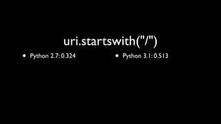uri.startswith("/")
•   Python 2.7: 0.324     •   Python 3.1: 0.513
 