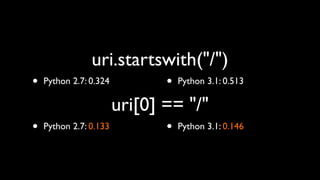 uri.startswith("/")
•   Python 2.7: 0.324          •   Python 3.1: 0.513

                        uri[0] == "/"
•   Python 2.7: 0.133          •   Python 3.1: 0.146
 