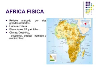 AFRICA FISICA Relieve marcado por dos grandes desiertos. Llanura costera. Elevaciones Rift y el Atlas. Climas: Desértico,  ecuatorial, tropical  húmedo y mediterráneo. 