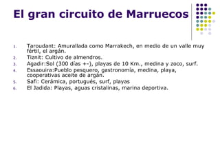 El gran circuito de Marruecos Taroudant: Amurallada como Marrakech, en medio de un valle muy fértil, el argán. Tiznit: Cultivo de almendros. Agadir:Sol (300 días +-), playas de 10 Km., medina y zoco, surf. Essaouira:Pueblo pesquero, gastronomía, medina, playa, cooperativas aceite de argán. Safi: Cerámica, portugués, surf, playas El Jadida: Playas, aguas cristalinas, marina deportiva. 
