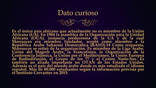 Dato curioso
Es el único país africano que actualmente no es miembro de la Unión
Africana (UA). En 1984 la asamblea de la Organización para la Unidad
Africana (OUA), instancia predecesora de la UA y de la cual
Marruecos era miembro fundador, aceptó como miembro a la
República Árabe Saharaui Democrática (RASD).14 Como respuesta,
Marruecos se retiró de la organización. Es miembro de la Liga Árabe,
Unión del Magreb Árabe, la Francofonía, la Organización de la
Conferencia Islámica, la Unión por el Mediterráneo, la Unión Europea
de Radiodifusión, el Grupo de los 77 y el Centro Norte-Sur. Es
también un aliado importante no OTAN de los Estados Unidos.
Además es el país del mundo árabe donde es más estudiado el idioma
español. Más de 80.000 estudiantes según la información provista por
el Instituto Cervantes en 2015.
 