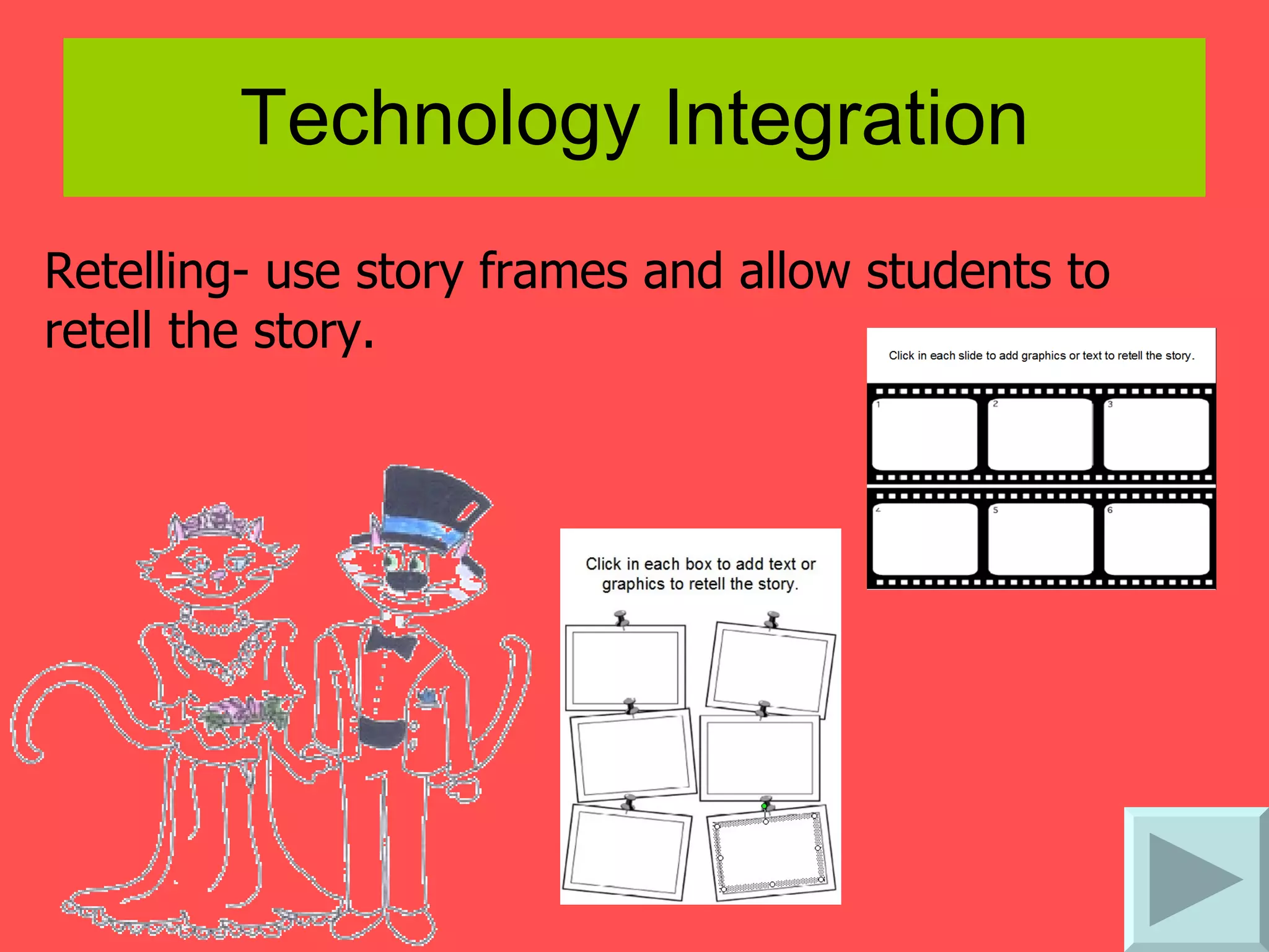 Technology Integration Retelling- use story frames and allow students to retell the story. 
